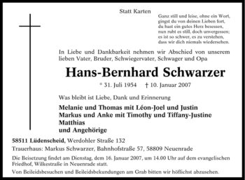 Traueranzeige von Hans-Bernhard Schwarzer von Tageszeitung
