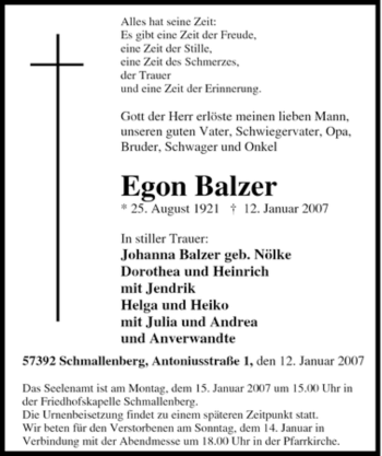 Traueranzeige von Egon Balzer von Tageszeitung