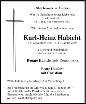 Traueranzeige von Karl-Heinz Habicht von Tageszeitung