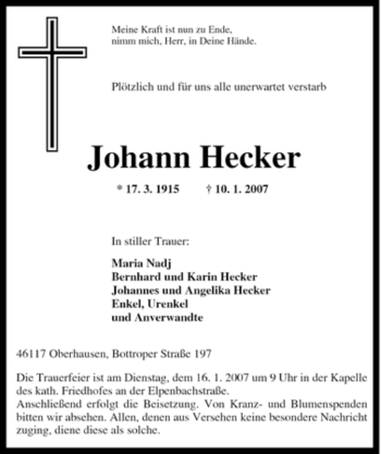 Traueranzeige von Johann Hecker von Tageszeitung