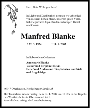 Traueranzeige von Manfred Blanke von Tageszeitung