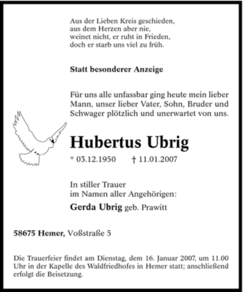 Traueranzeige von Hubertus Ubrig von Tageszeitung