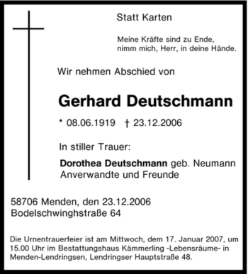 Traueranzeige von Gerhard Deutschmann von Tageszeitung