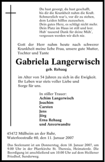 Traueranzeige von Gabriela Langerwisch von Tageszeitung