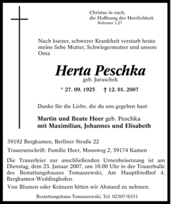 Traueranzeige von Herta Peschka von Tageszeitung