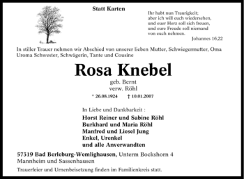 Traueranzeige von Rosa Knebel von Tageszeitung