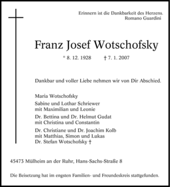 Traueranzeige von Franz Josef Wotschofsky von Tageszeitung