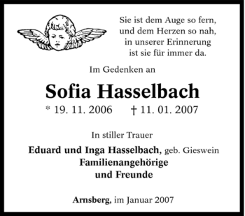 Traueranzeige von Sofia Hasselbach von Tageszeitung