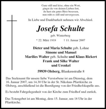 Traueranzeige von Josefa Schulte von Tageszeitung