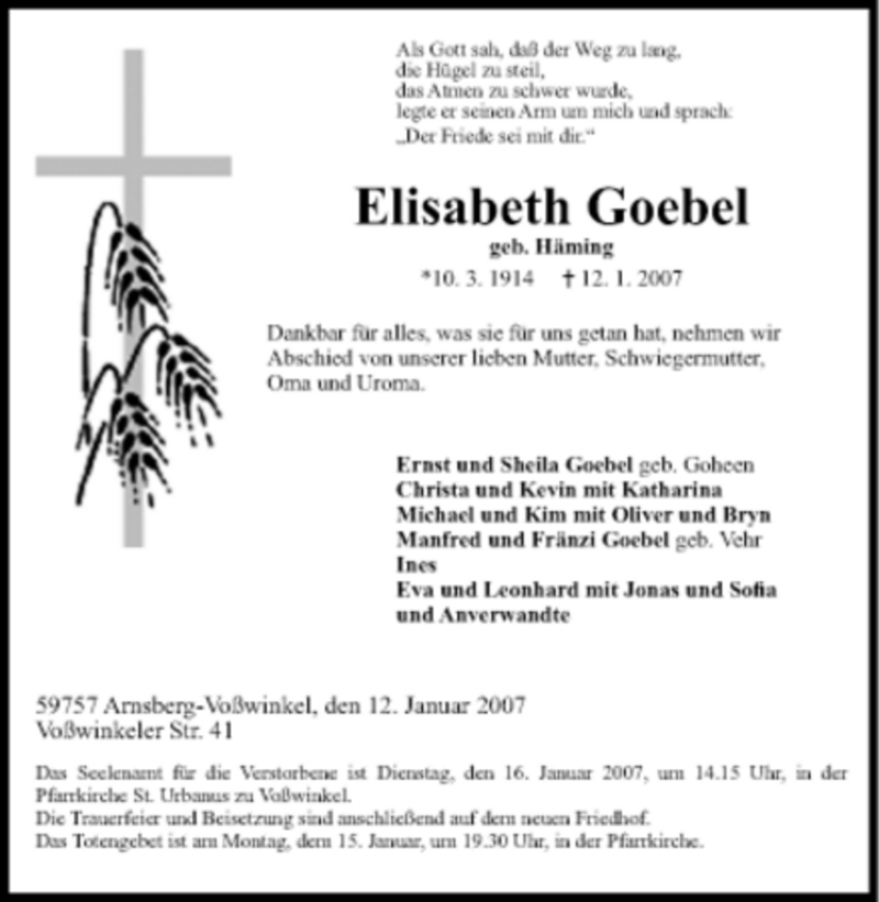  Traueranzeige für Elisabeth Goebel vom 13.01.2007 aus Tageszeitung