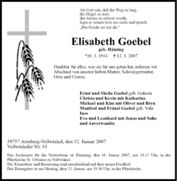 Traueranzeige von Elisabeth Goebel von Tageszeitung
