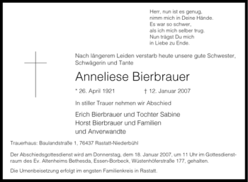 Traueranzeige von Anneliese Bierbrauer von Tageszeitung
