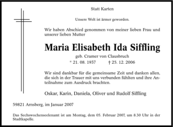 Traueranzeige von Maria Elisabeth Ida Siffling von Tageszeitung
