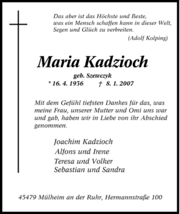 Traueranzeige von Maria Kadzioch von Tageszeitung