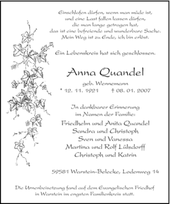 Traueranzeige von Anna Quandel von Tageszeitung