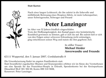 Traueranzeige von Peter Lanzinger von Tageszeitung