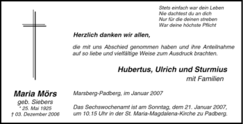 Traueranzeige von Maria Mörs von Tageszeitung