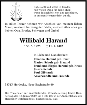 Traueranzeige von Willibald Harand von Tageszeitung