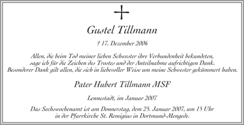  Traueranzeige für Gustel Tillmann vom 15.01.2007 aus Tageszeitung