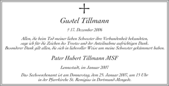 Traueranzeige von Gustel Tillmann von Tageszeitung
