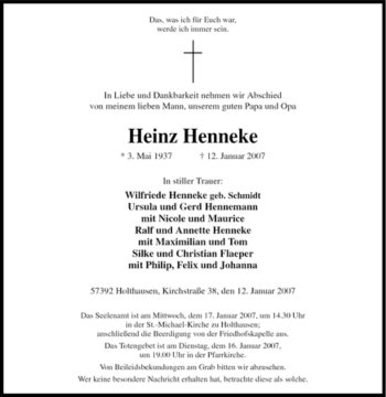 Traueranzeige von Heinz Henneke von Tageszeitung