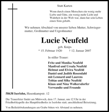 Traueranzeige von Lucie Neufeld von Tageszeitung