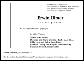 Traueranzeige von Erwin Illmer von Tageszeitung
