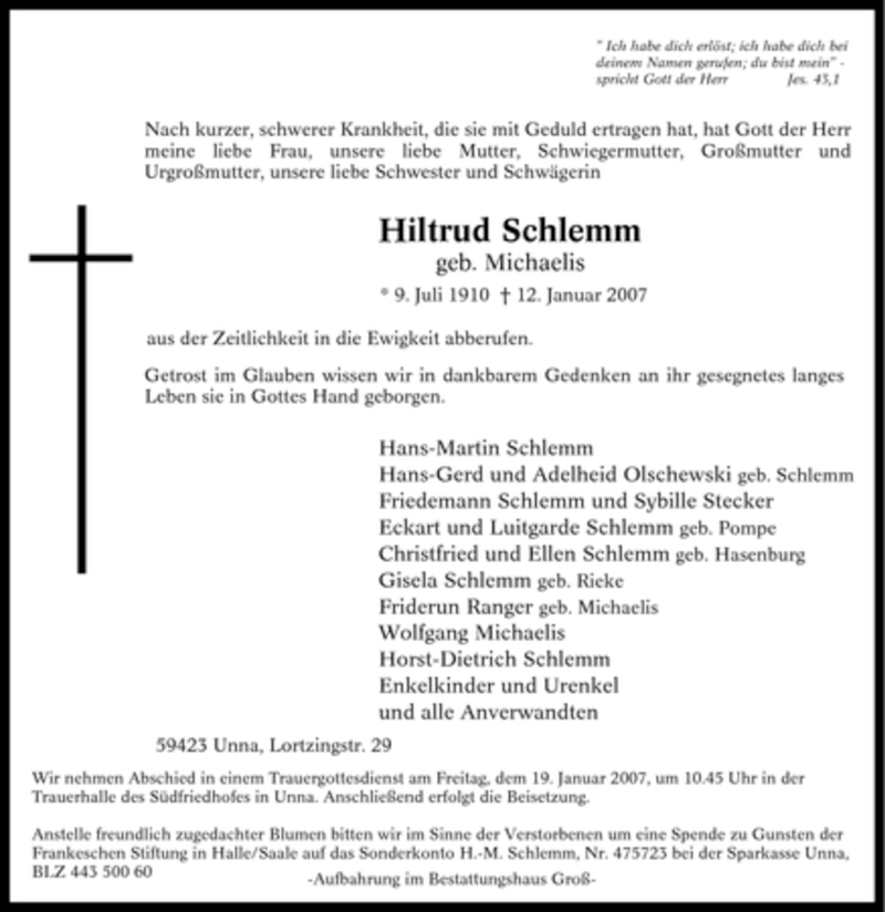  Traueranzeige für Hiltrud Schlemm vom 15.01.2007 aus Tageszeitung
