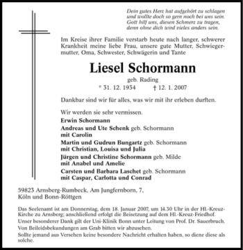 Traueranzeige von Liesel Schormann von Tageszeitung