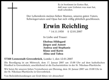 Traueranzeige von Erwin Reichling von Tageszeitung