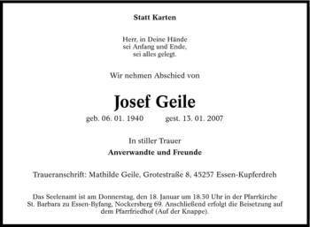 Traueranzeige von Josef Geile von Tageszeitung