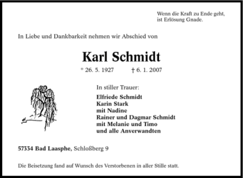 Traueranzeige von Karl Schmidt von Tageszeitung