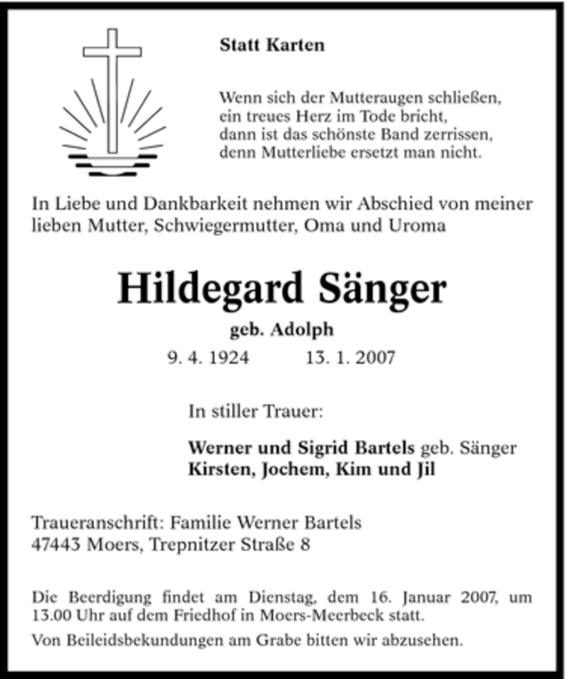  Traueranzeige für Hildegard Sänger vom 15.01.2007 aus Tageszeitung
