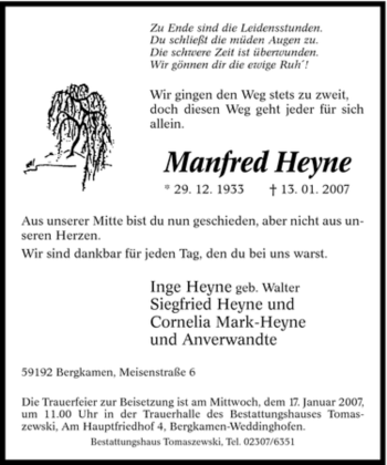 Traueranzeige von Manfred Heyne von Tageszeitung