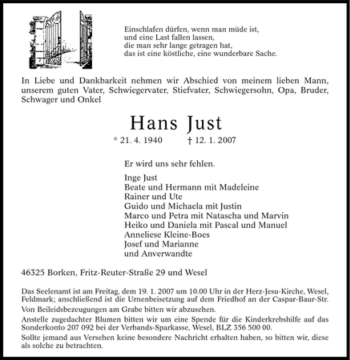 Traueranzeige von Hans Just von Tageszeitung
