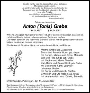 Traueranzeige von Anton Grebe von Tageszeitung