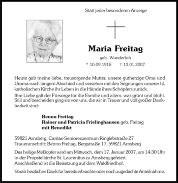 Traueranzeige von Maria Freitag von Tageszeitung