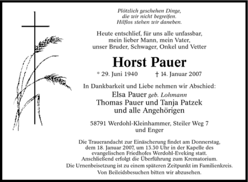  Traueranzeige für Horst Pauer vom 15.01.2007 aus Tageszeitung