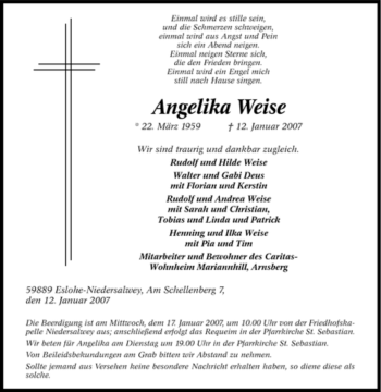 Traueranzeige von Angelika Weise von Tageszeitung