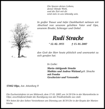Traueranzeige von Rudi Stracke von Tageszeitung