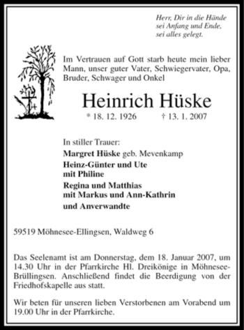 Traueranzeige von Heinrich Hüske von Tageszeitung