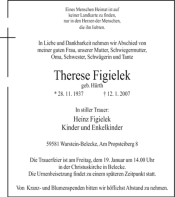 Traueranzeige von Therese Figielek von Tageszeitung