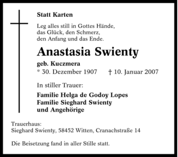 Traueranzeige von Anastasia Swienty von Tageszeitung