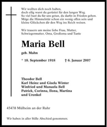 Traueranzeige von Maria Bell von Tageszeitung