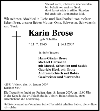 Traueranzeige von Karin Brose von Tageszeitung