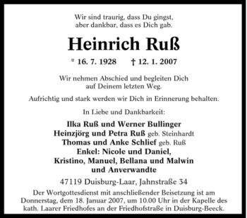Traueranzeige von Heinrich Ruß von Tageszeitung