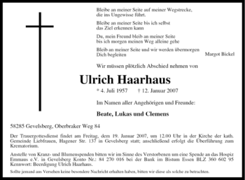 Traueranzeige von Ulrich Haarhaus von Tageszeitung