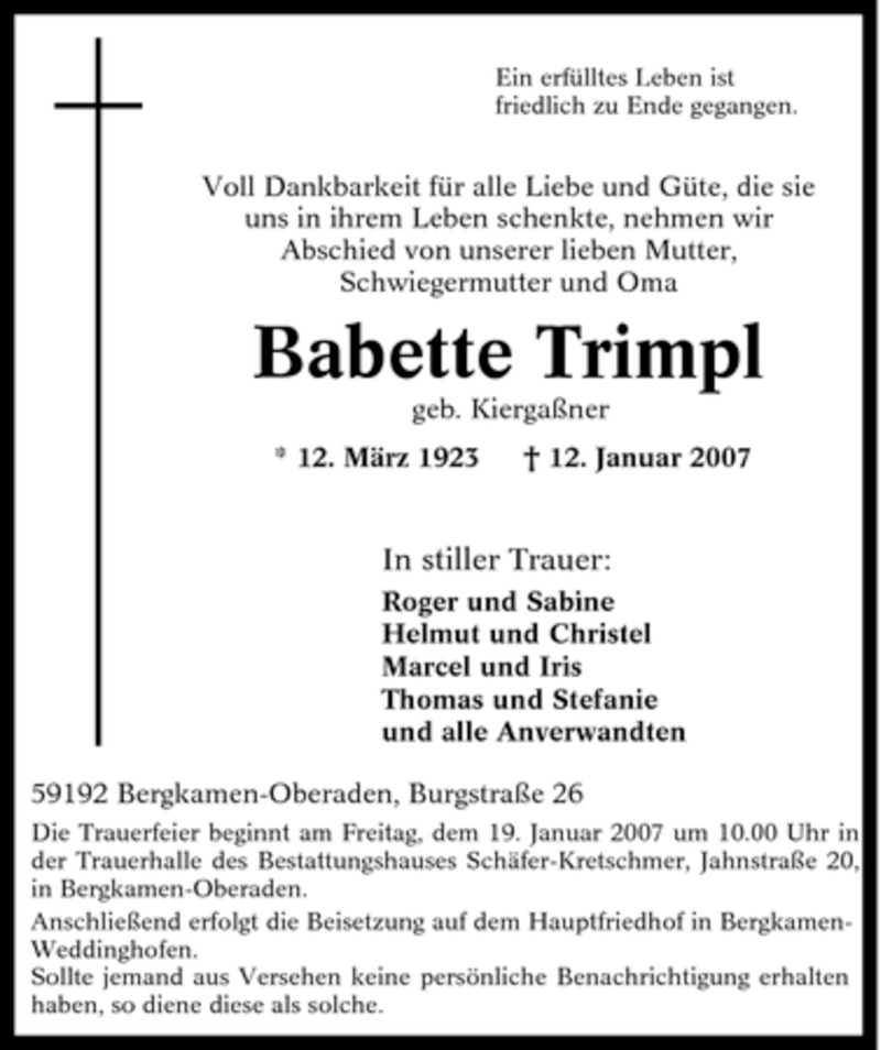  Traueranzeige für Babette Trimpl vom 16.01.2007 aus Tageszeitung