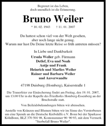 Traueranzeige von Bruno Weiler von Tageszeitung