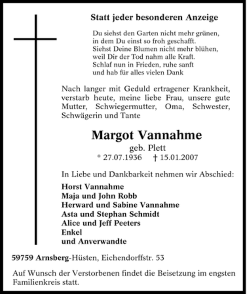  Traueranzeige für Margot Vannahme vom 16.01.2007 aus Tageszeitung